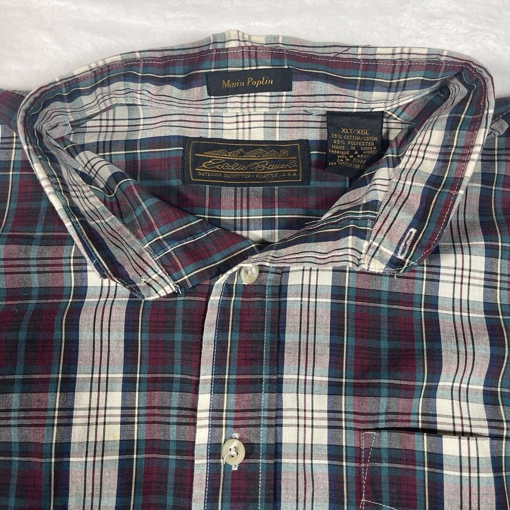 Eddie Bauer Vintage 90s Marin Poplin Button Down Shirt Mens XLT  Maroon‎ Plaid